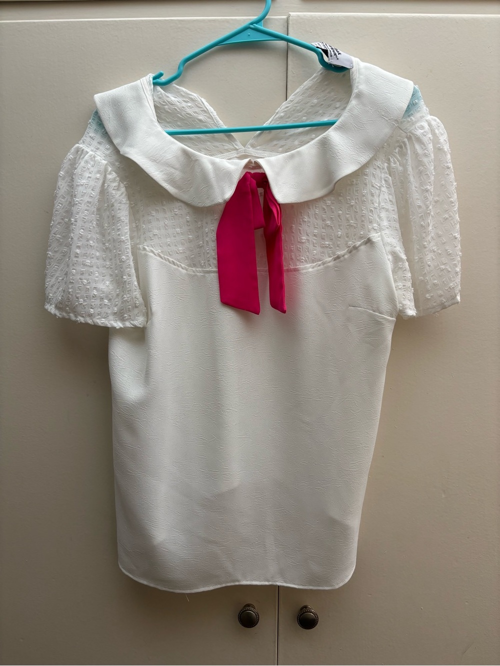 White Puff Sleeve Blouse with Pink Neck Ribbon